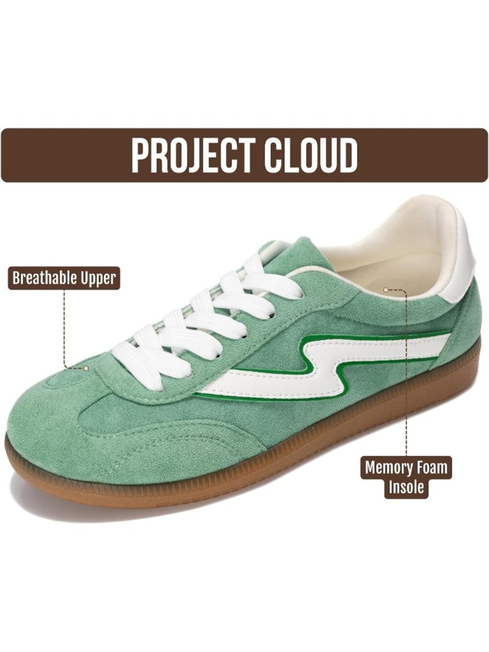 Womens Green Leather Project Cloud Sneakers Comfortable Lace-Up Fashion Sneakers